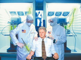 Military scientists prepare to inject Clinton with the controversial
superdrug.